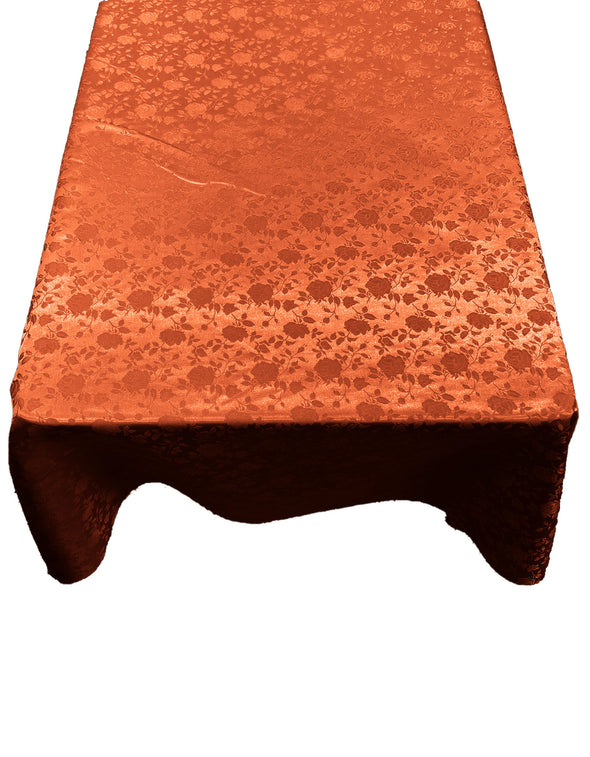 Rust Roses Jacquard Satin Rectangular Tablecloth Seamless/Party Supply.