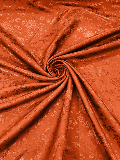Rust Polyester Roses/Floral Brocade Jacquard Satin Fabric/ Cosplay Costumes, Table Linen- Sold By The Yard.