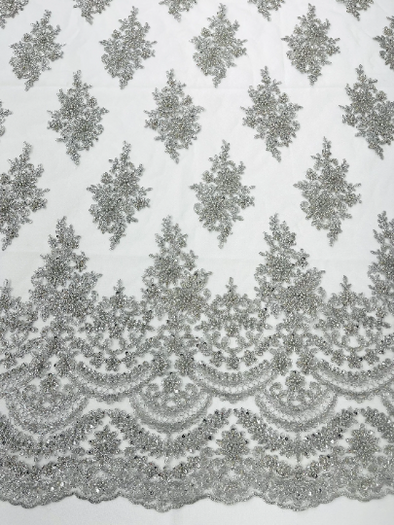 Silver Erin Diamond Beaded Metallic Floral Embroider On a Mesh Lace Fabric-Sold By The Yard
