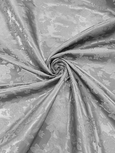 Silver Polyester Big Roses/Floral Brocade Jacquard Satin Fabric/ Cosplay Costumes, Table Linen- Sold By The Yard