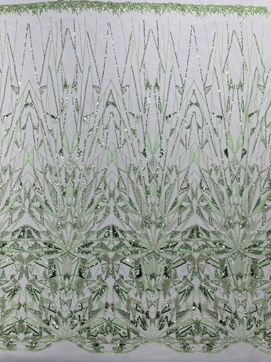 Sage Green Geometric Beaded Design On A Mesh Lace Fabric (By The Yard)