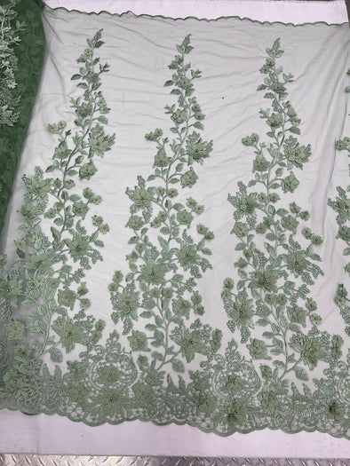 Sage Green 3D floral design embroider and beaded with pearls on a mesh lace-prom-dresses-nightgown-apparel-fashion-Sold by yard