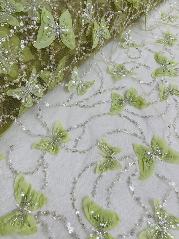 Sage Green 3D Butterfly Design Embroider and Beaded on a Mesh Lace-Prom-Sold by yard.