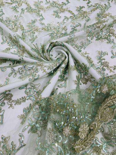 Sage Green Flower lace corded and embroider with sequins on a mesh- Sold by the yard