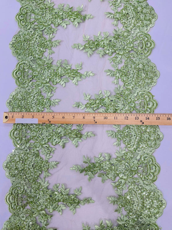 Sage Green 14"Wide Sequins Metallic Embroidered Lace on Mesh Fabric, Trim Lace, Table Runner. Sold By The Yard.