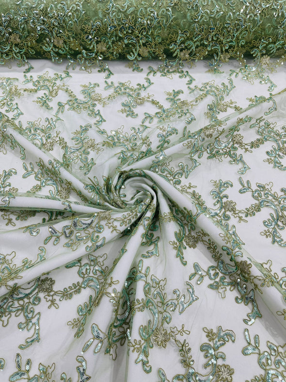 Sage Green Flower lace corded and embroider with sequins on a mesh- Sold by the yard