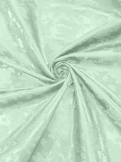 Sage Polyester Big Roses/Floral Brocade Jacquard Satin Fabric/ Cosplay Costumes, Table Linen- Sold By The Yard