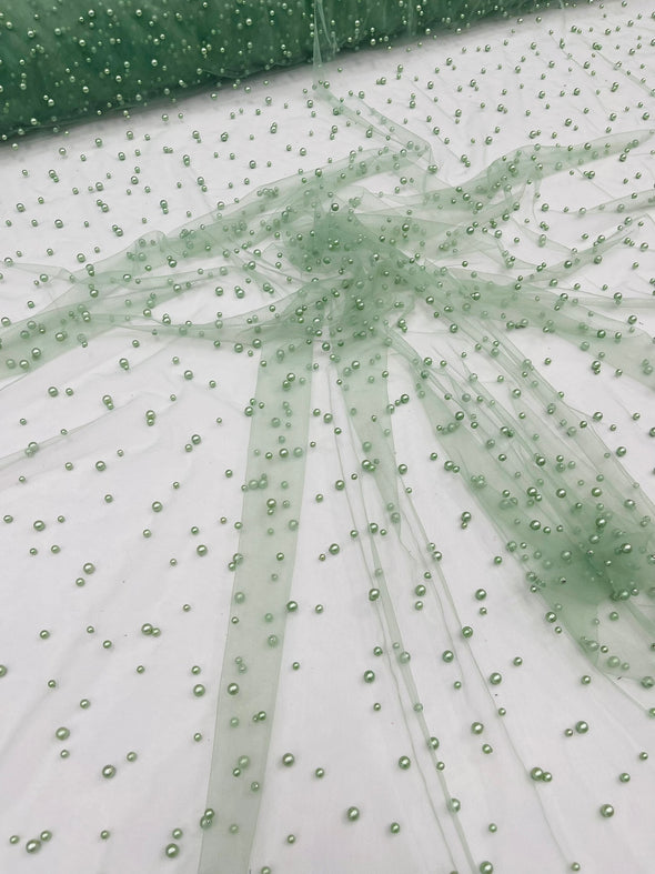 Heavy Scattered Pearls Studded Mesh, 2-Way Stretch, Sold By The Yard.