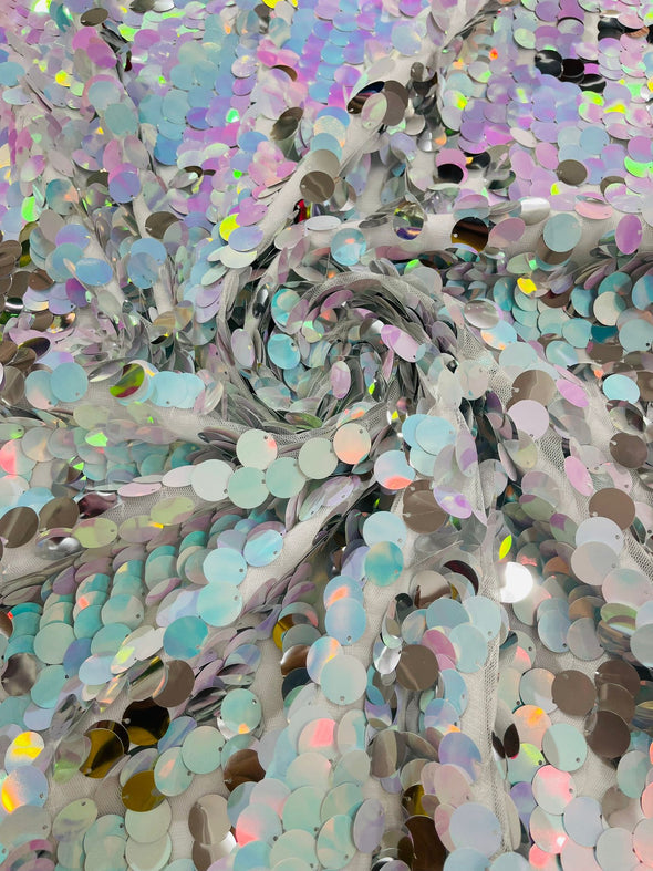 Silver Aqua-Pink Iridescent Round Sequin Paillette On White Mesh Fabric/ 54 Inches Wide/Cosplays Fabric/Prom/Backdrops