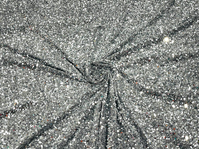 Silver Gray 54" Stretch Velvet with Luxury Sequins All Over 5mm Shining Sequins 2-Way Stretch. Sold by the yard.