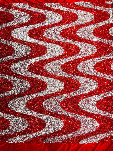 Silver-Red Sequin Wave Design stretch velvet all over 5mm shining sequins 2-way stretch, sold by the yard.