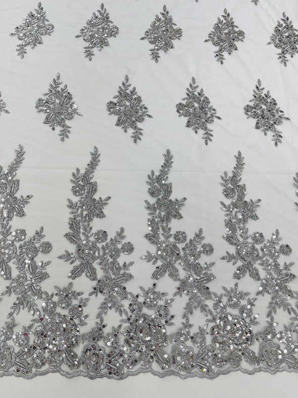 Silver Floral design embroider and beaded on a mesh lace fabric-Wedding/Bridal/Prom/Nightgown fabric.