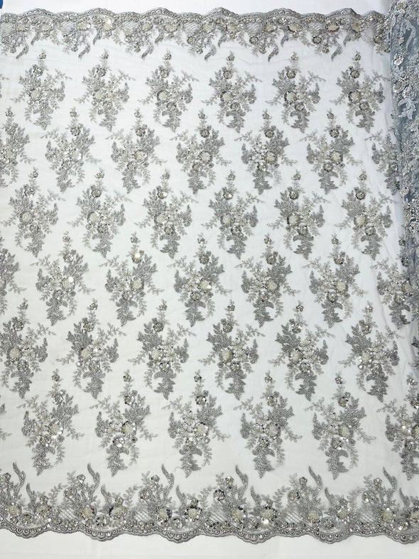 Silver Gorgeous French design embroider and beaded on a mesh lace. Wedding/Bridal/Prom/Nightgown fabric