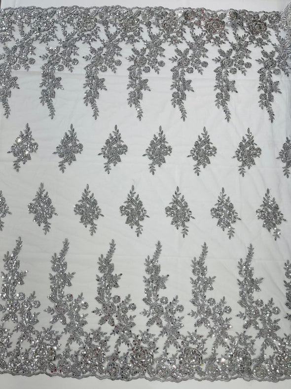 Floral design embroider and beaded on a mesh lace fabric-Wedding/Bridal/Prom/Nightgown fabric.