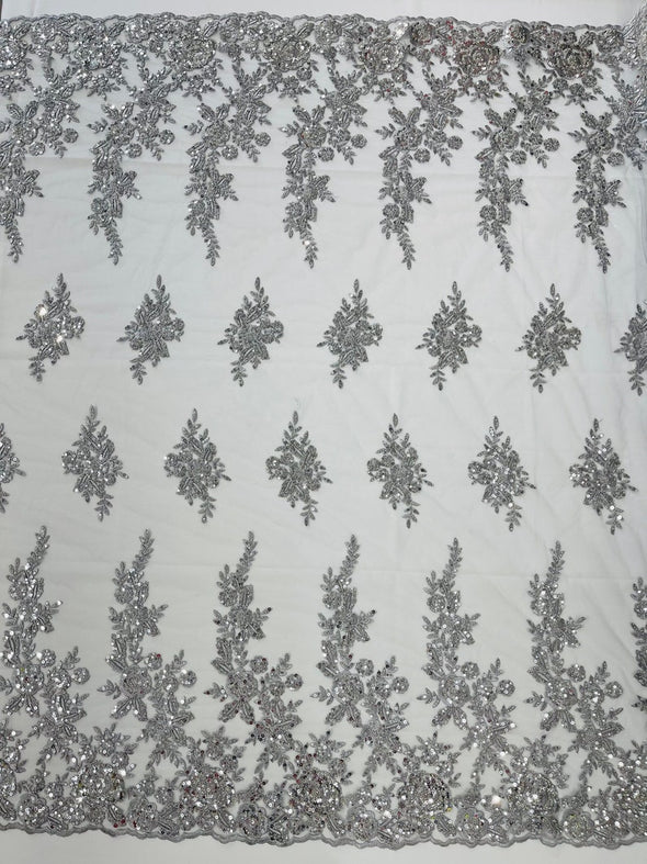 Silver Floral design embroider and beaded on a mesh lace fabric-Wedding/Bridal/Prom/Nightgown fabric.