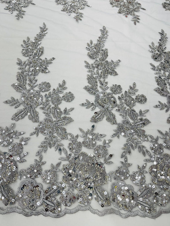 Silver Floral design embroider and beaded on a mesh lace fabric-Wedding/Bridal/Prom/Nightgown fabric.