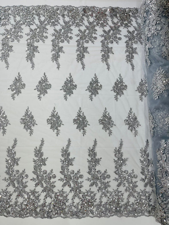 Silver Floral design embroider and beaded on a mesh lace fabric-Wedding/Bridal/Prom/Nightgown fabric.