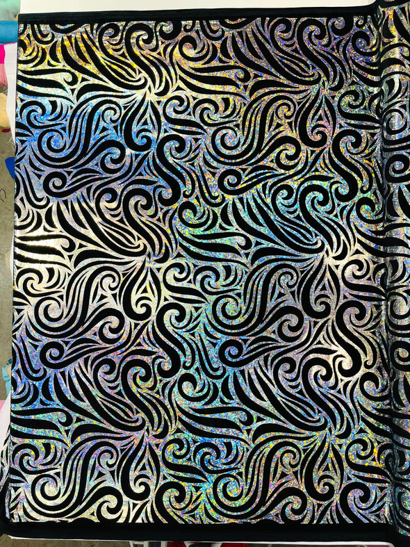 Holographic Foil Tribal Flame Design On A Stretch Velvet Fabric. By The Yard