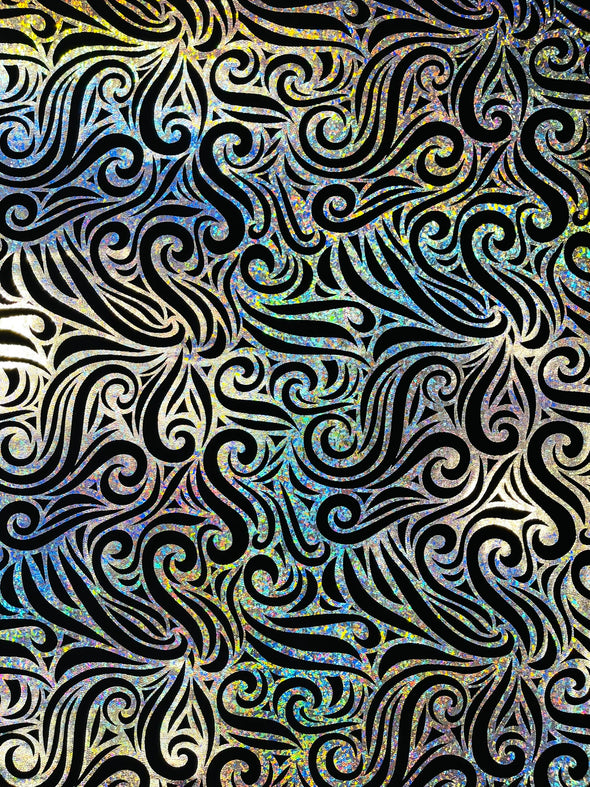 Holographic Foil Tribal Flame Design On A Stretch Velvet Fabric. By The Yard