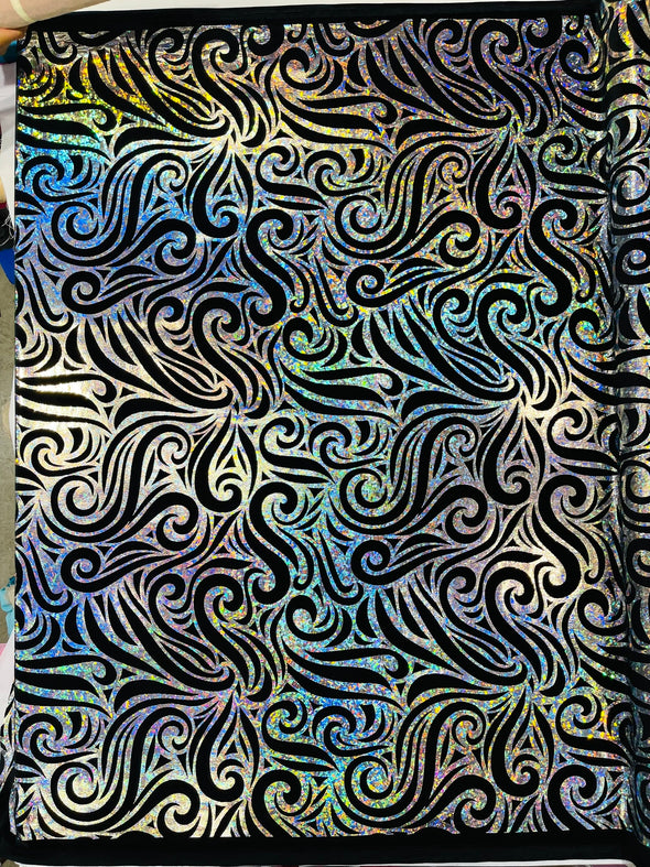 Holographic Foil Tribal Flame Design On A Stretch Velvet Fabric. By The Yard