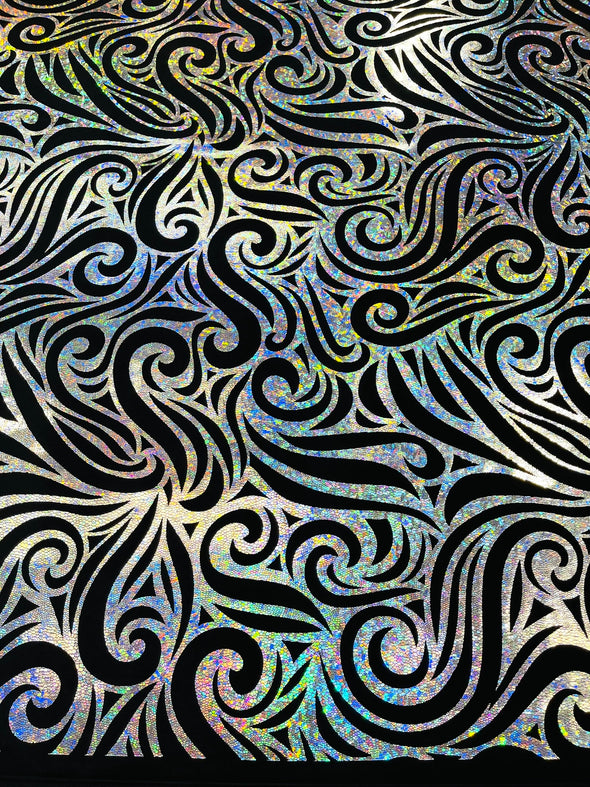 Holographic Foil Tribal Flame Design On A Stretch Velvet Fabric. By The Yard