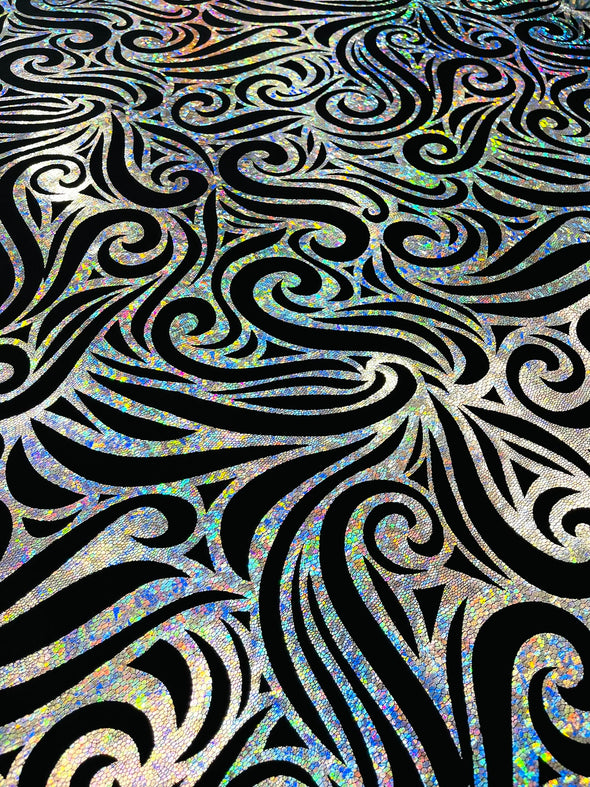 Holographic Foil Tribal Flame Design On A Stretch Velvet Fabric. By The Yard