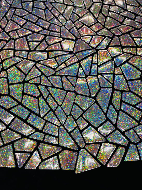 Silver Holographic Broken Glass Sequin Design/Geometric/ On Black Stretch Velvet Fabric Sold By The Yard