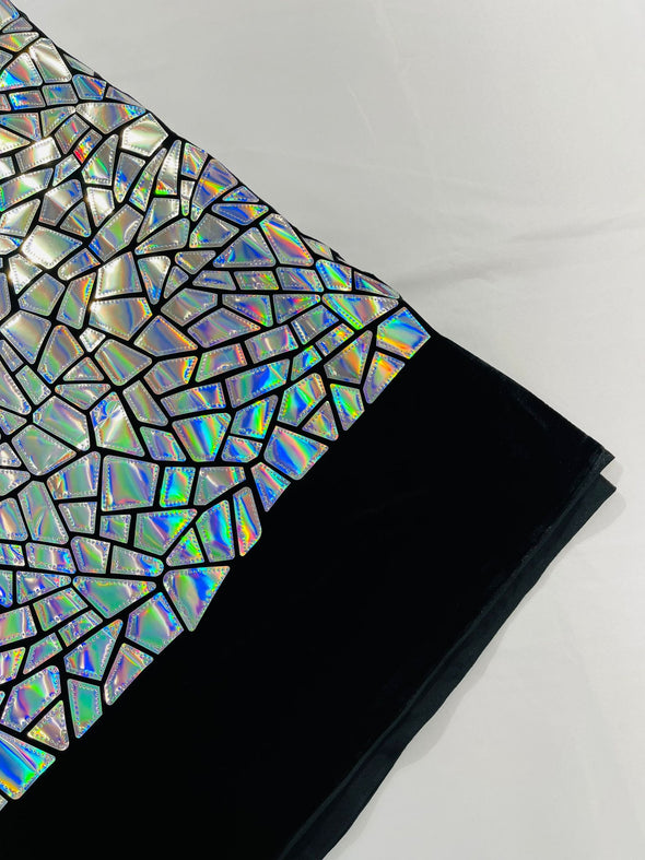 Silver Iridescent Broken Glass Sequin Design/Geometric/ On Black Stretch Velvet Fabric Sold By The Yard