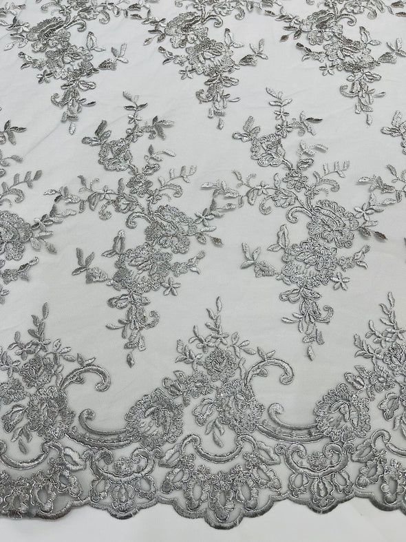 Silver Metallic Bloom corded lace and embroider with sequins on a mesh -Sold by the yard