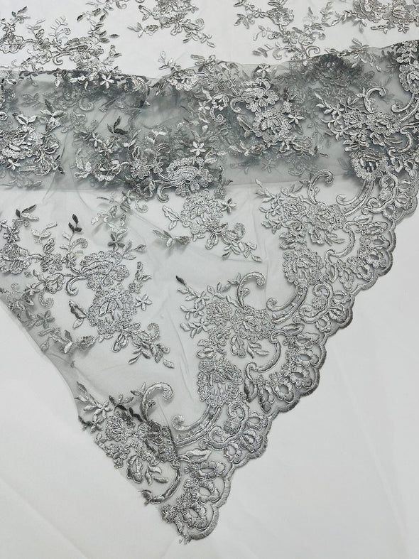 Silver Metallic Bloom corded lace and embroider with sequins on a mesh -Sold by the yard