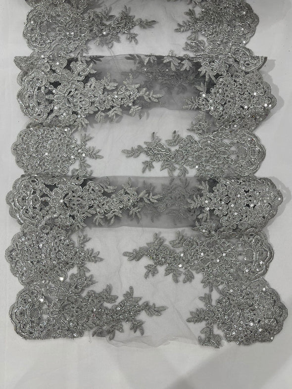 Silver Metallic 14"Wide Sequins Metallic Embroidered Lace on Mesh Fabric, Trim Lace, Table Runner. Sold By The Yard.