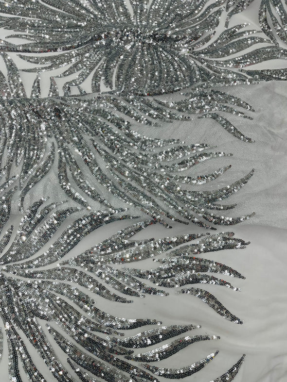 Silver White Phoenix Feather Design with Sequins Embroider on a White 4 way Stretch Mesh Fabric- Sold by the yard.