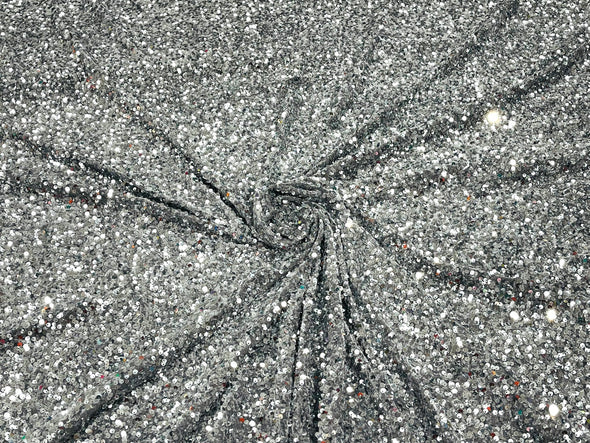 54" Stretch Velvet with Luxury Sequins All Over 5mm Shining Sequins 2-Way Stretch. Sold by the yard.