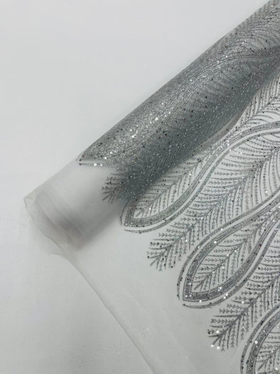 Silver Glitter Feather Damask Design On A Mesh Lace Fabric/Prom.