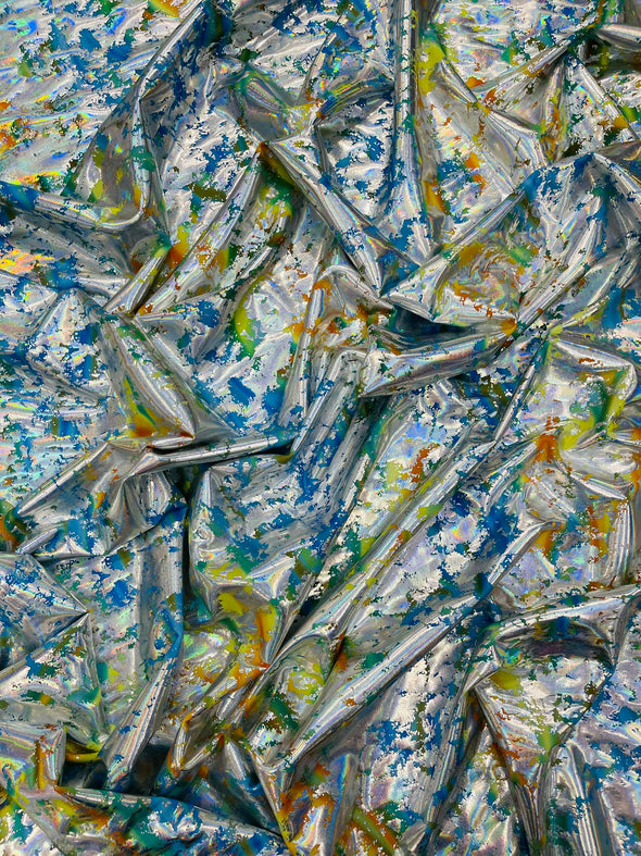 Splatter Foil Paint Metallic Print on a 4-way Stretch Tie Dye Nylon Spandex Tricot/Milliskin -Sold by the yard.