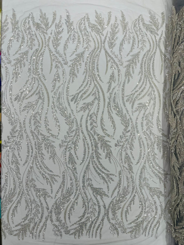 Silver Luxury Festival Beaded Vine Lace Fabric, Sold by The Yard.