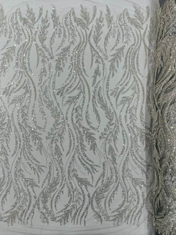 Silver Luxury Festival Beaded Vine Lace Fabric, Sold by The Yard.