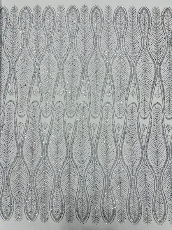 Silver Glitter Feather Damask Design On A Mesh Lace Fabric/Prom.