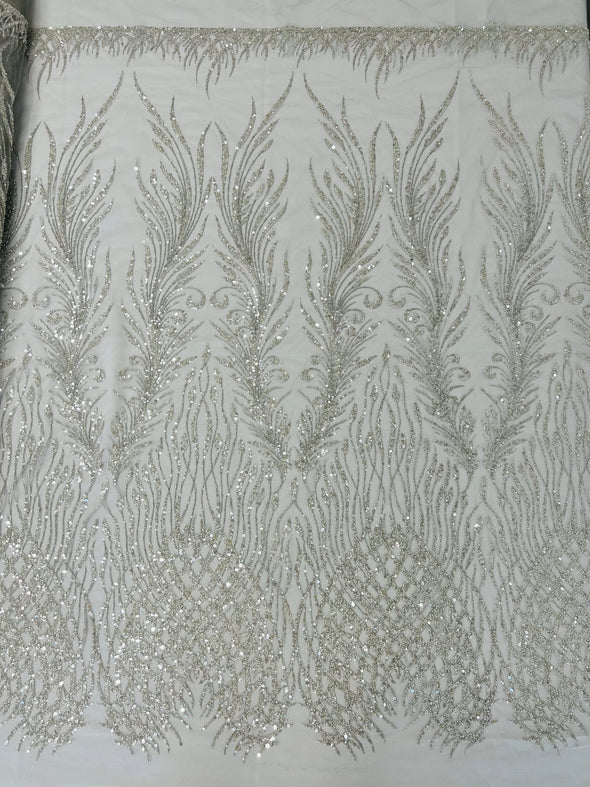 Silver Feathers damask embroider and heavy beaded on a mesh lace fabric- Sold by the yard