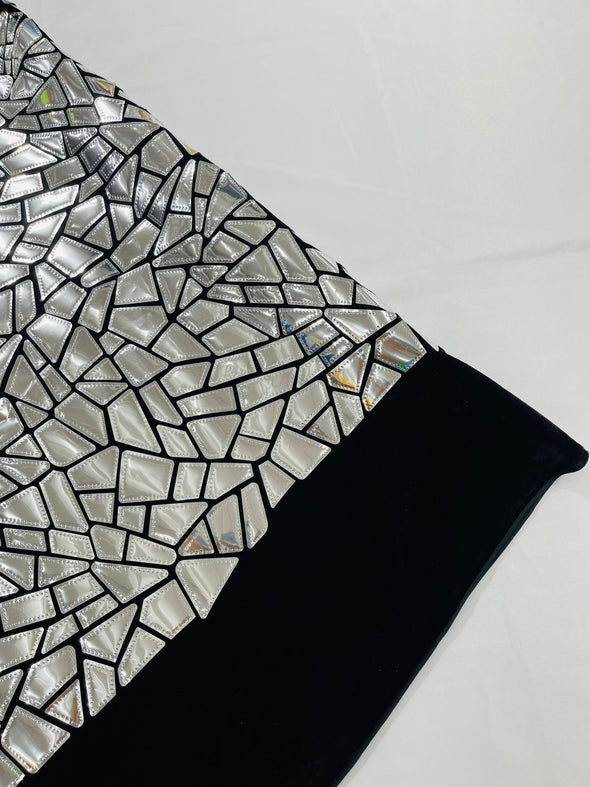 Silver Broken Glass Sequin Design/Geometric/ On Black Stretch Velvet Fabric Sold By The Yard