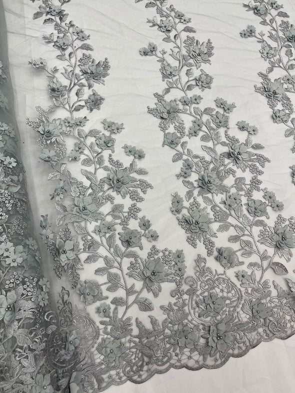 Silver 3D floral design embroider and beaded with pearls on a mesh lace-prom-dresses-nightgown-apparel-fashion-Sold by yard