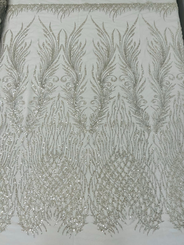 Silver Feathers damask embroider and heavy beaded on a mesh lace fabric- Sold by the yard