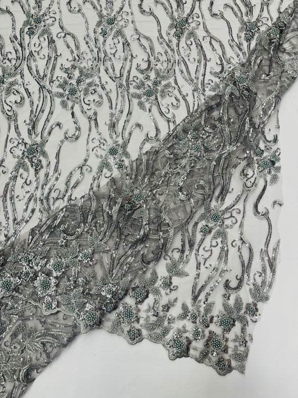 Silver Vine Floral Beaded Lace Sequin Embroider lace Sold By The Yard.