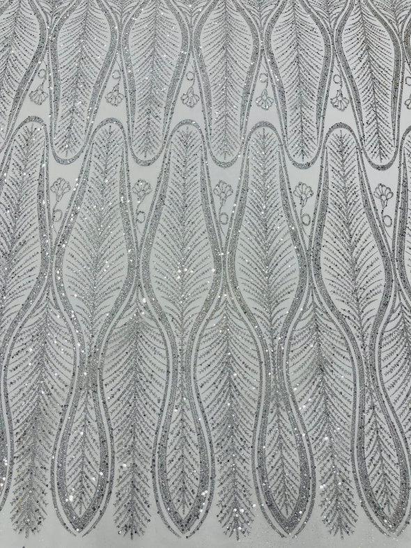 Silver Glitter Feather Damask Design On A Mesh Lace Fabric/Prom.