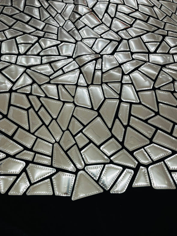 Silver Broken Glass Sequin Design/Geometric/ On Black Stretch Velvet Fabric Sold By The Yard