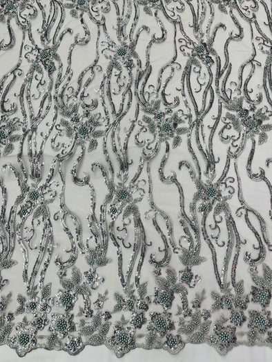 Silver Vine Floral Beaded Lace Sequin Embroider lace Sold By The Yard.