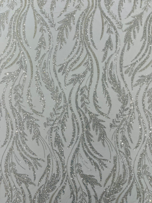Silver Luxury Festival Beaded Vine Lace Fabric, Sold by The Yard.