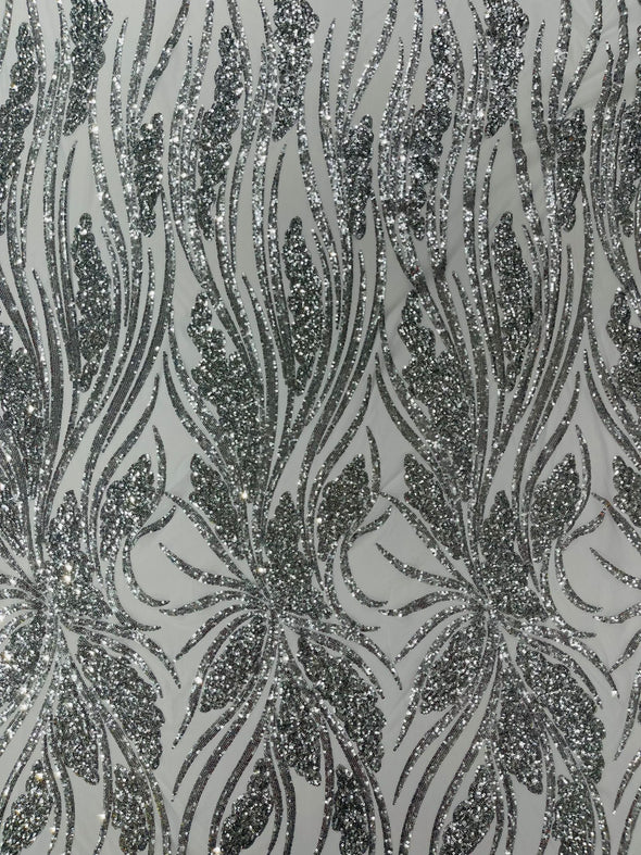 Feather damask shiny sequin design on a 4 way stretch mesh Fabric-prom-Sold by the yard