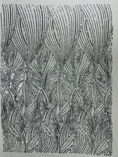 Silver Shiny Geometric Feather wing shiny sequin design on a 4 way stretch mesh Fabric-prom-sold by the yard.