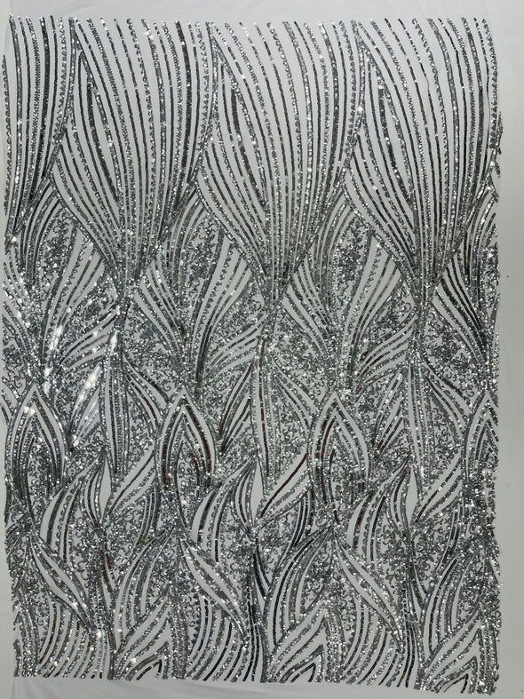 Silver Shiny Geometric Feather wing shiny sequin design on a 4 way stretch mesh Fabric-prom-sold by the yard.